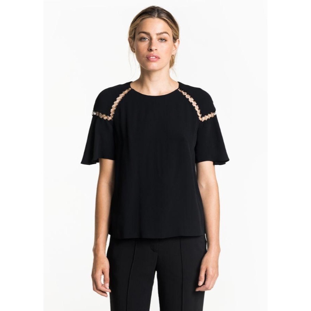 A.L.C. Black Viscose Blend Sheila Short-Sleeve Top w/ Ring Trim EUC Size 2